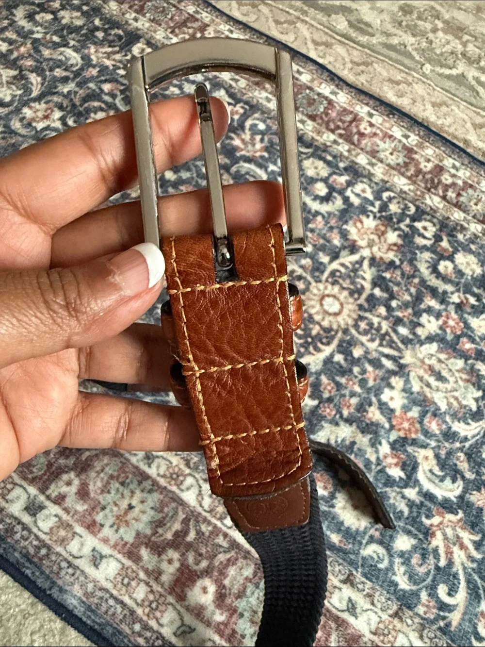 Men's Black Woven Belt with Brown Leather Trim and Silver Buckle